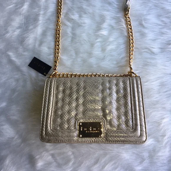 BEBE GOLD GILIAN CROSSBODY BAG FAUX LEATHER CROCODILE FINISH NWT - Picture 3 of 4